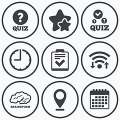 Poster - Quiz icons. Checklist and human brain symbols.