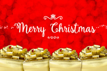 Poster - Merry Christmas word with many golden color present with red bok