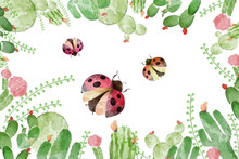 Creative Illustration And Innovative Art: Insect Ladybug, Flower And Leaves - Watercolor Style. Realistic Fantastic Cartoon Style Artwork Scene, Wallpaper, Story Background, Card Design
