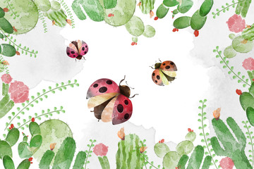 Creative Illustration and Innovative Art: Insect Ladybug, Flower and Leaves - Watercolor Style. Realistic Fantastic Cartoon Style Artwork Scene, Wallpaper, Story Background, Card Design
