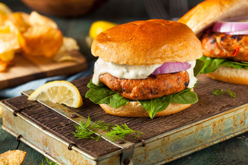 Canvas Print - Homemade Salmon Burger with Tartar Sauce