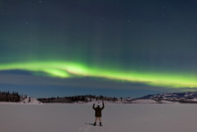 Man Greeting Northern Lights Aurora Borealis