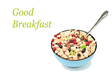 Poster - full bowl of muesli with berries and spoon on a white isolated background with the inscription 