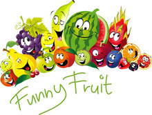 Funny Fruit - Many Fruit With Smile And Happy Face - Vector Fruit Illustration