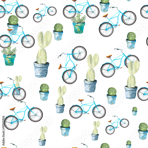 Cotton fabric Cactus and the bike pattern. Drawing watercolor. Plants in pots and the turquoise bike.