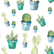 Pattern Cactus. Watercolor Painting Of A Cactus. In The Blue Pots Plants.
