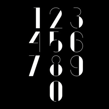 Thin minimalistic font. White numbers on black background. Vector illustration.
