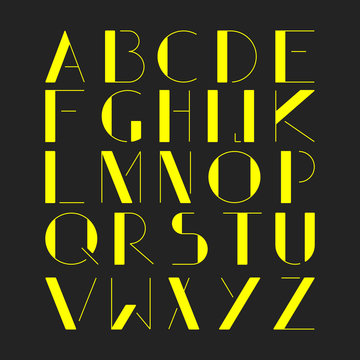 Thin minimalistic font. Yellow latin alphabet on black background. Vector illustration.
