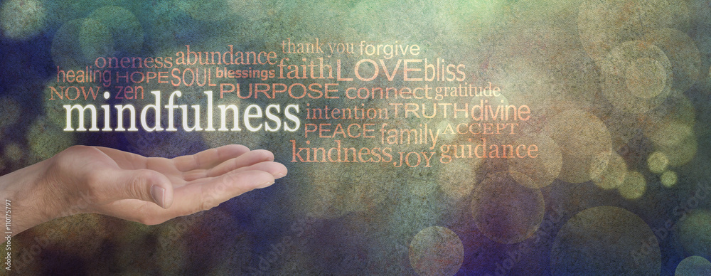 Mindfulness Word Cloud Grunge Banner  - male hand palm up with a white MINDFULNESS word floating surrounded by a relevant word cloud on a grainy grunge bokeh background - obrazy, fototapety, plakaty 