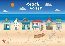 Beach Huts And Bungalows, Hand Drawn Outline Color Doodle Set With Light House Wooden Boat And Anchor, Seashells And Footsteps On Sandy Beach, Vector Illustation