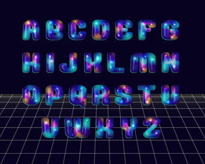 80's retro disco ball style alphabet font. Metallic effect shiny luminous multicoloured disco letters. Vector typography for flyers, headlines, posters etc.