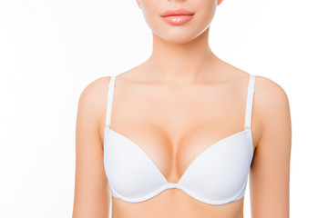 Close up portrait of shapely sexy woman in white bra