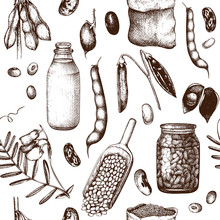 Vector Seamless Pattern With Ink Hand Drawn Legume Crops Sketches. Vintage Background Legumes And Legume Products. Farm Fresh And Organic Food Illustration