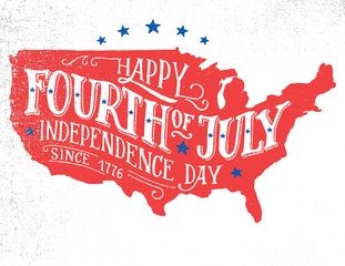 Wall Mural - Happy Fourth of July. Independence day of the United States, 4th of July. Happy Birthday America. Hand-lettering greeting card on textured sketch of silhouette US map. Vintage typography illustration