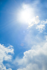 view of blue sky with sun and sunrays between the clouds