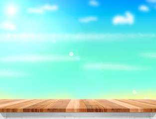 Poster - Wood table top with blurred sea,sun and beach at background, Moc