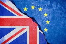Brexit Blue European Union EU Flag On Broken Wall And Half Great Britain Flag