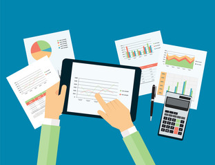 Aufkleber - business hand touch on analytic graph in device with report paper concept .business planning and business investment concept.
