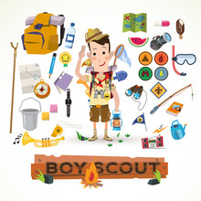 Boy Scout With Camping Equipment And Object - Vector