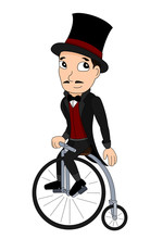 Illustration Of A Man With A Top Hat Riding A Penny-farthing, 19th Century Velocipede, Isolated On A White Background