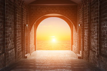 Walkway Tunnel Made By Red Brick And View Of Sunset Or Sunrise