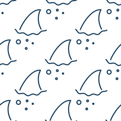 Shark fin in water waves seamless pattern. Flipper of fish in the sea white and blue background surface in outline style.