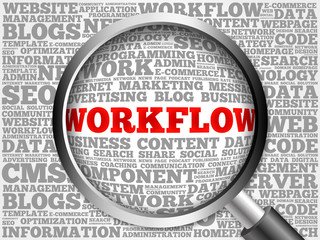 Poster - workflow word cloud with magnifying glass, business concept
