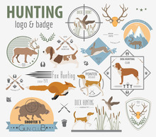 Hunting Logo And Badge Template. Dog Hunting, Equipment.  Flat D