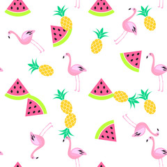 Wall Mural - Tropic summer seamless white pattern with watermelon, flamingo and pineapples. Pink and yellow fun pattern.