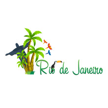 Rio De Jeaneiro Logo. Palm Logo. Travel In Brasil. South America. Toucan. Three Parrots