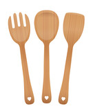 Fototapeta Dziecięca - Wooden salad servers - fork, spoon and spatula with wooden texture and blanked out hearts on the handles. Vector illustration on white background.