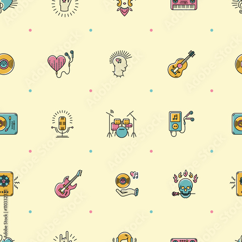 muzyczny-wzor-cienkie-linie-rock-ikony-ikona-punk-rocker-i-czaszka-notatki-instrumenty-gitara-dj-ilustracja-wektorowa-muzyki