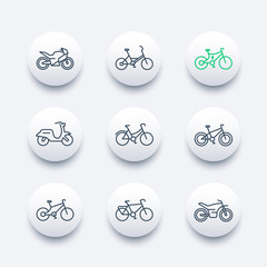 Poster - Bikes line icons set, bicycle, cycling, motorcycle, motorbike, fat bike, scooter, electric bike, round modern icons, vector illustration