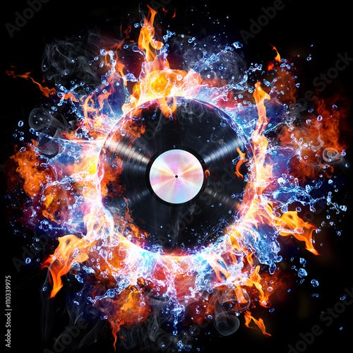 Obraz Dibond Vinyl Record With Fire And Water - Creative Rock And Roll