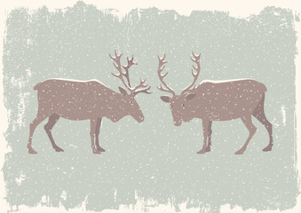 Wall Mural - Merry Christmas vector card with reindeer. Season's greetings card in retro style.