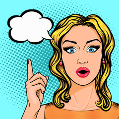 Pop art business woman pointing up on thought cloud in retro comic sketch style. Stunned woman face with open mouth - idea or solution of problem concept.