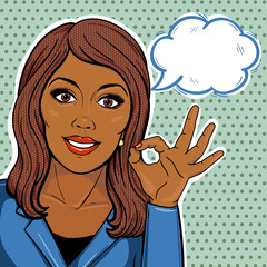 Vector pop art comic african american businesswoman showing ok hand sign with thought balloon.