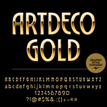 Vector Set Of Beautiful Gold Alphabet Letters, Numbers And Punctuation Symbols. Art Deco Thin Style