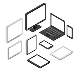 Poster - isometric 3d computer and laptop, tablet pc smartphone vector icons