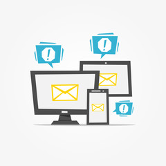 Fototapete - Mail notification on different devices (desktop, tablet, phone) vector illustration. Mail notice app creative concept.

