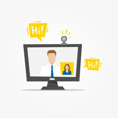 Fototapete - Video call desktop vector illustration. Video call app technology creative concept. Communication app graphic design.