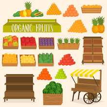 Set For Street Markets In Fruits. Boxes Of Fruit And Vegetables. Shop On Wheels. Stand For Street Markets. A Sign For A Local Store.