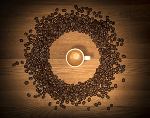 Wall Mural - Espresso coffee with beans (top view-flatlay)