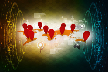 Poster - 2d rendering Red map pointer with world map
