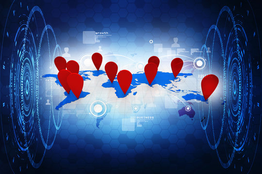 2d rendering Red map pointer with world map
