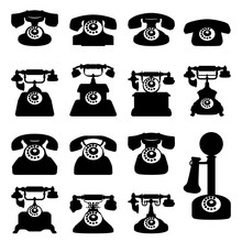Silhouettes Of Old Phones, Flat Icons. Vector Illustration.