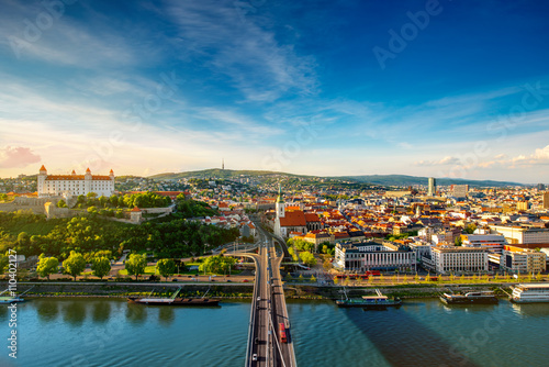 Bratislava aerial cityscape view on the old town with Saint Martin's cathedral, castle hill and Danube river on the sunset in Slovakia Canvas Print