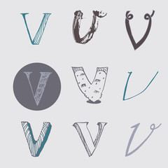 Wall Mural - Original letters V set, isolated on light gray background. Alphabet symbols, editable, hand drawn, creative, in different variations, Italic, 3d, freehand, drawn with brush and nib vector Illustration