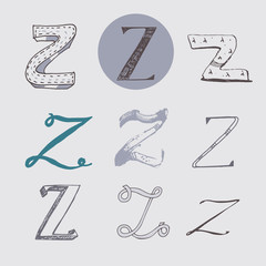 Wall Mural - Original letters Z set, isolated on light gray background. Alphabet symbols, editable, hand drawn, creative, in different variations, Italic, 3d, freehand, drawn with brush and nib vector Illustration