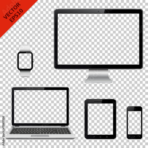 Fotografía Computer monitor, laptop, tablet pc, mobile phone and smart watch with transparent screen